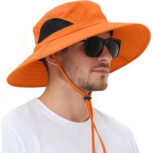 Unisex Orange 100% Polyester Wide Brim Mesh Vents With Chin Strap Fishing Hat